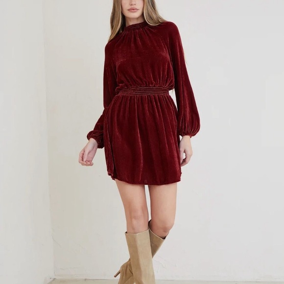 Bella Dahl Ribbed Silk Blend The Ruby Velvet Smocked Raglan Mini Dress Sz Small - Picture 3 of 11